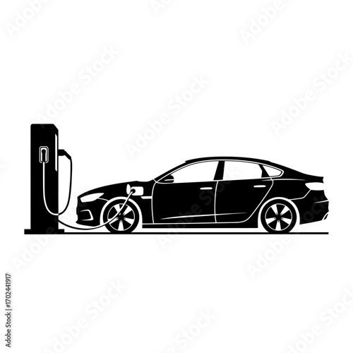 Electric car charging at a charging station silhouette isolated on white background