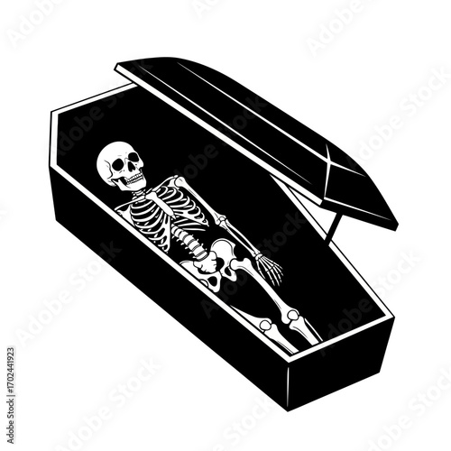 Skeleton in an open coffin silhouette isolated on white background