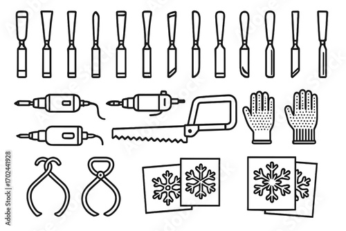Set of Ice Carving Tools and Accessories Including Chisels, Rotary Tools, Saw, Gloves, Ice Tongs, and Snowflake Stencils for Sculpture Making