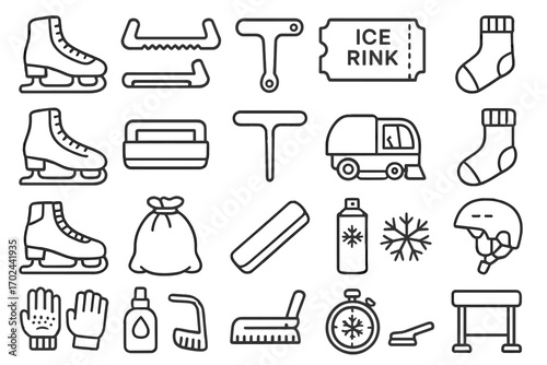 Collection of Ice Skating and Ice Rink Icons Including Skates, Socks, Gloves, Helmet, Ice Resurfacer, Ticket, Stopwatch, Snowflake, Spray Can, and Winter Sports Equipment