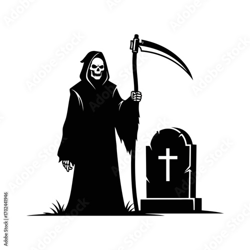 Grim reaper with scythe and tombstone silhouette isolated on white background