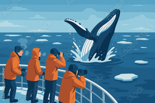 Illustration of Whale Watching Expedition in Polar Waters with Tourists Photographing Breaching Humpback Whale from Ship Deck