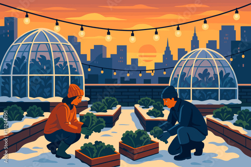 Urban rooftop garden illustration with people harvesting vegetables in winter snow, greenhouse domes and city skyline at sunset with festive string lights