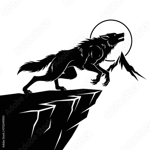 Wolf howling on cliff edge with moon and mountain silhouette isolated on white background