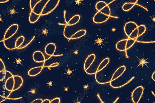 Seamless festive pattern of glowing golden sparkler trails and twinkling stars on dark blue night sky