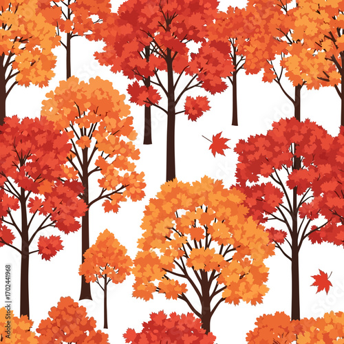 Seamless pattern of autumn trees with vibrant red and orange foliage against a white background.