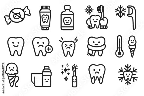 Dental care icons related to tooth sensitivity, oral hygiene, and cold temperature effects