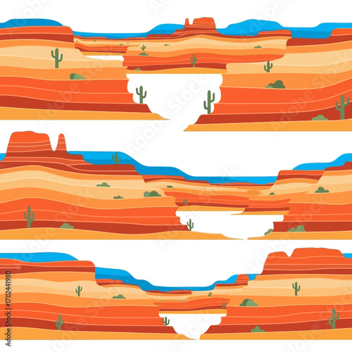 Three desert canyon landscapes with cacti and blue sky.