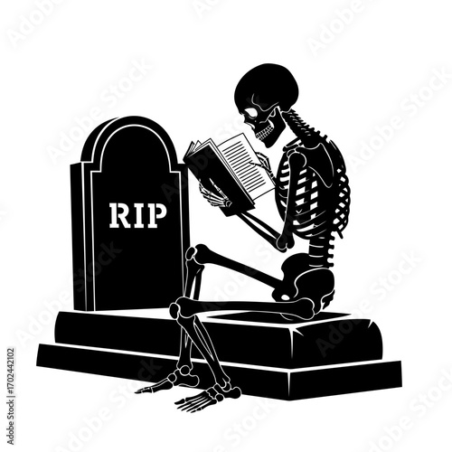 Skeleton reading a book next to a tombstone silhouette isolated on white background