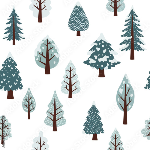 A charming seamless pattern featuring a variety of stylized evergreen trees adorned with snow and subtle heart motifs, set against a clean white background.
