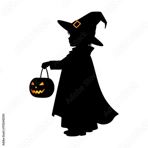 Child in witch costume holding jack o lantern silhouette isolated on white background