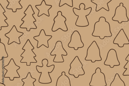 Seamless Christmas cookie cutter outline pattern with festive holiday shapes on kraft paper background