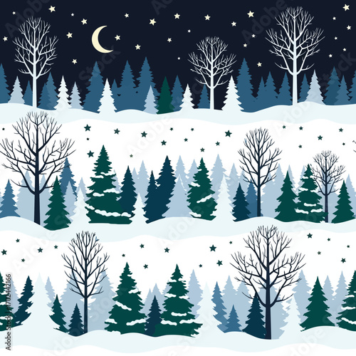 A seamless pattern of a winter forest landscape with snow-covered hills, bare trees, and evergreens under a starry night sky.