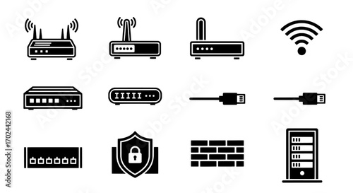 Network and Security Icon Set Routers, Firewall, Connections, and Server