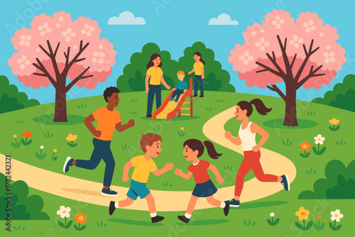 Happy children playing and running in park with parents, spring outdoor family activity illustration with playground, cherry blossom trees, flowers and green landscape