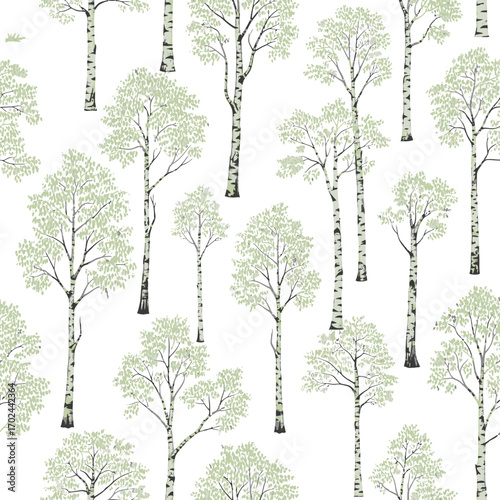 A repeating pattern of delicate birch trees with light green foliage against a white background.