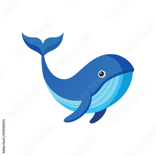 Blue cartoon whale breaching isolated on white background