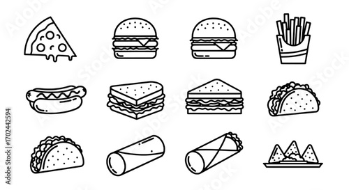 Line Art Collection of Popular Fast Food Meal Icons