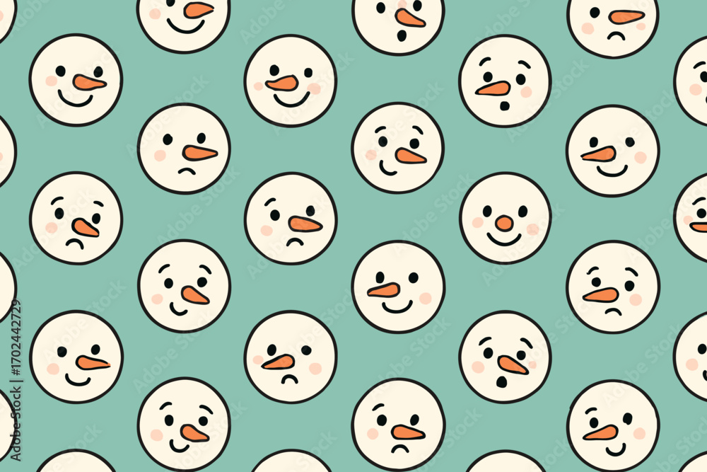 Fototapeta premium Seamless pattern of expressive snowman faces with carrot noses showing happy, sad, surprised, and smiling emotions on teal background