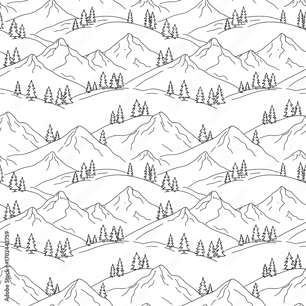 Seamless pattern of stylized mountains and pine trees in a minimalist line art style. Seamless pattern of stylized mountains and pine trees in a minimalist line art style.
