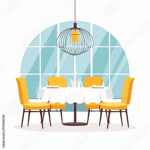Elegant Restaurant Table Setting with Yellow Chairs and Cage Light Fixture