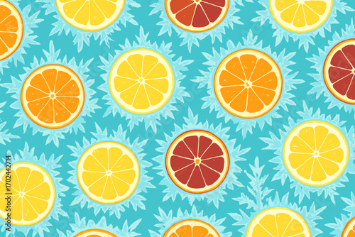 Seamless Citrus Fruit Pattern with Oranges, Lemons, and Grapefruits on a Bright Blue Background with Frosted Sunburst Effect