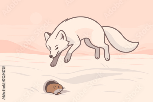 Cute Arctic Fox Hunting a Vole in Snowy Winter Landscape Cartoon Illustration