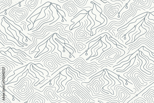 Seamless Topographic Mountain Pattern with Contour Lines and Ski Lifts in Minimal Monochrome Style