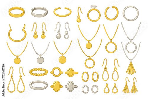 Elegant Jewelry Icon Set Featuring Gold and Silver Rings, Necklaces, Earrings, and Bracelets on Shiny Gradient Background