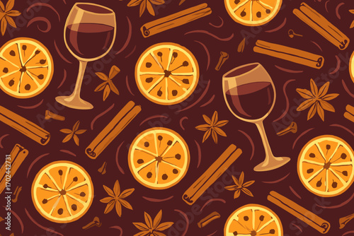 Seamless mulled wine pattern with oranges, cinnamon sticks, cloves, star anise, and wine glasses on a warm red background