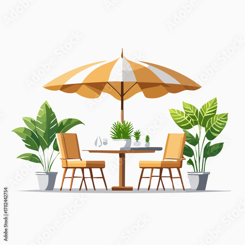 Outdoor dining scene with striped umbrella table chairs and potted plants