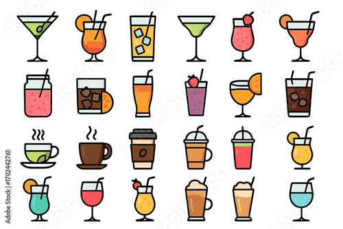 Colorful drink and beverage icon set featuring cocktails, smoothies, coffee, tea, juice, wine, and mixed drinks on dark gradient background