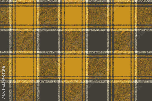 Seamless mustard yellow and charcoal gray plaid pattern with classic tartan design and textured fabric appearance