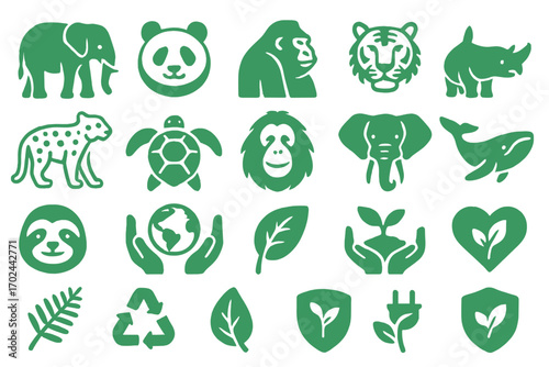 Endangered animals and environmental conservation icon set on green background featuring wildlife species, eco symbols, recycling, and sustainable nature concepts
