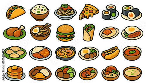 Colorful international cuisine icon set featuring tacos, sushi, ramen, pasta, pizza, dumplings, curry, soups, burgers, wraps, and global food dishes