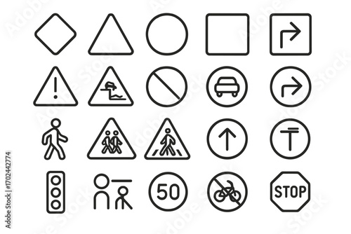 Black traffic and road sign icon set on dark metallic background featuring directional arrows, warning signs, pedestrian symbols, speed limit, and stop signs