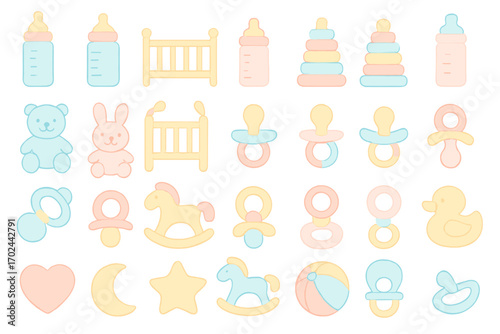 Pastel baby essentials and nursery icon set featuring bottles, pacifiers, toys, cribs, plush animals, rocking horses, baby items, and infant care symbols