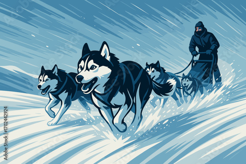 Dynamic Illustration of Husky Dog Sled Team Racing Through Snowy Terrain with Musher