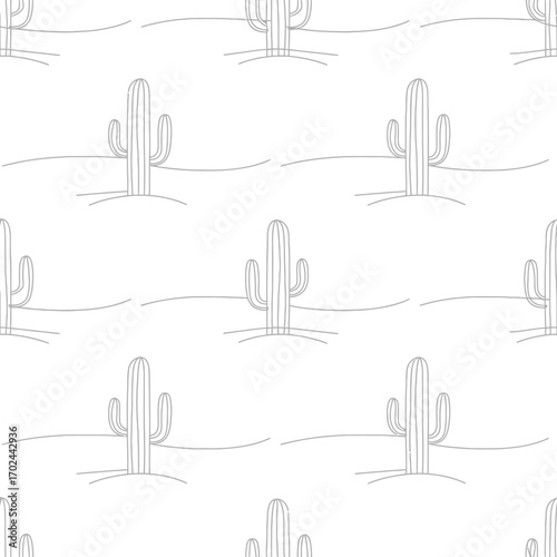 A seamless, minimalist pattern of hand-drawn saguaro cacti in a simple desert landscape on a white background.