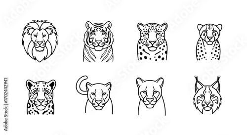 Wild Cat Faces Outline Collection Lion, Tiger, Cheetah, Jaguar, Lynx Animal Line Icons