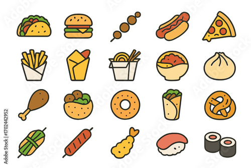Icon Set of Popular Global Street Foods and Snacks Including Tacos, Sushi, Fries, and Noodles on Earthy Background