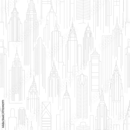 Seamless pattern of city buildings in white and gray.