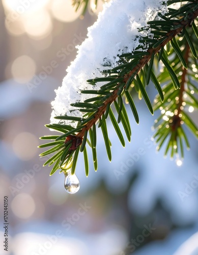 Close-up snow-covered fir branch with water droplet
