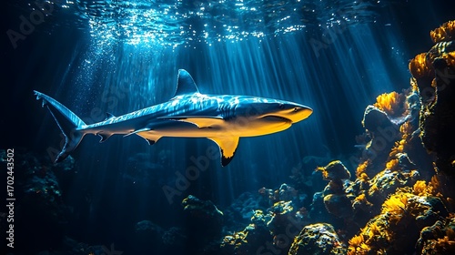 Wallpaper Mural A majestic shark swims through sunlit ocean depths near a vibrant coral reef Torontodigital.ca