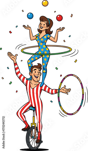 Circus couple performing juggling and hula hoop tricks on unicycle, colorful costumes, confetti celebration, flat vector illustration, cartoon style