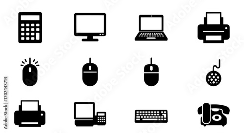 Office and Computing Gadgets Black Silhouette Icons for Business and Productivity