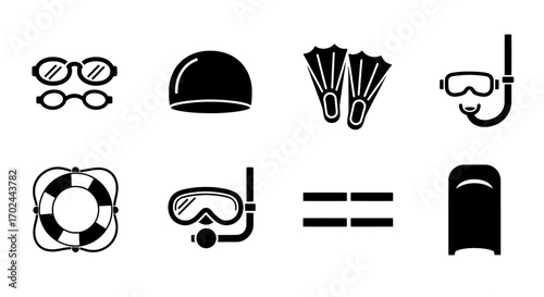 Swimming Equipment Icons Goggles, Cap, Flippers, Snorkel, Lifebuoy and Board