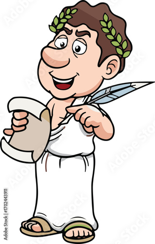Cartoon Roman philosopher, toga character, ancient scholar illustration, vector man with scroll, laurel wreath, quill pen, educational clipart