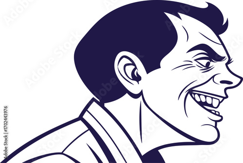 Retro man laughing face in bold line art with exaggerated smile. Vintage comic style illustration perfect for logo, poster, or mascot design. Clean black and white vector artwork.