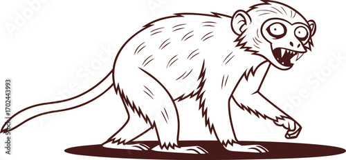 Scary monkey line art with open mouth and sharp teeth in aggressive pose. Detailed outline perfect for tattoo, mascot, or logo design. Clean black and white vector illustration.